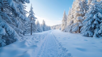 Obraz premium Serene Winter Wonderland, Snow-Covered Pine Trees, Path Through Snowy Landscape, Clear Blue Sky - Wide Angle Photography