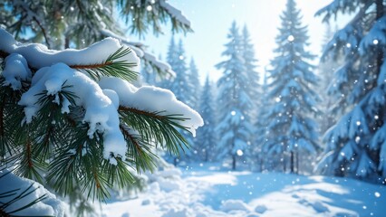 Stunning Winter Wonderland, Snow-Covered Pine Branches and Snowy Forest Landscape