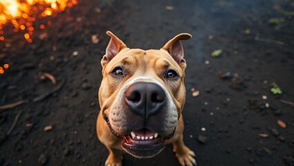 Obraz premium Pit Bull Dog Looking Up, Forest Fire Background, Close-Up View of Adorable Pit Bull's Face Near Burning Forest, High-Angle Shot