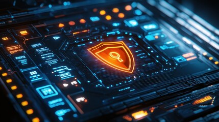 Naklejka premium A futuristic interface featuring a shield symbol, representing cybersecurity and protection.