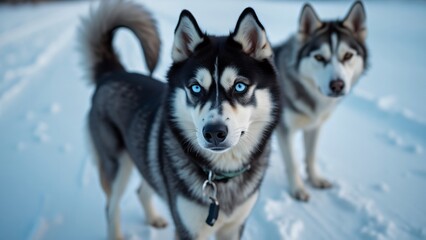 Obraz premium Stunning Close-Up of Two Blue-Eyed Huskies in Winter Wonderland, Black and Gray Husky in Foreground, Another in Background on Snowy Landscape. High-Resolution Image.
