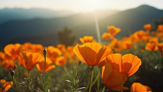 Dreamy California Poppies Field, Analog Film Photography of Vibrant Orange Flowers and Sunlit Mountains - Powered by Adobe