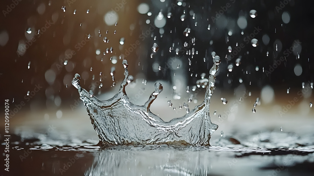 Poster a stunning close-up of a water droplet impacting a surface, creating a captivating crown-shaped spla