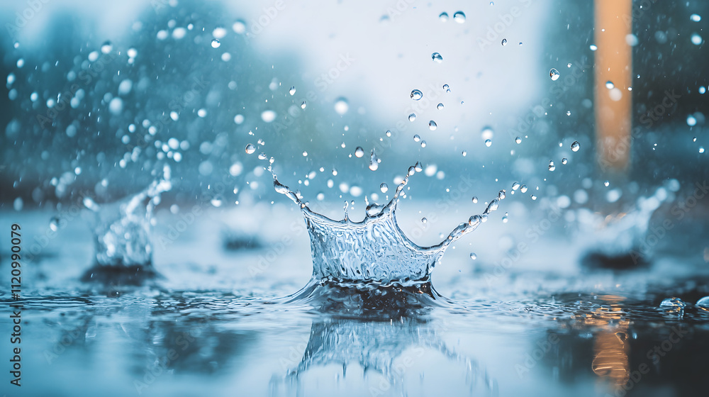 Poster close-up of a water droplet splashing on a surface, creating a crown-like shape with surrounding dro