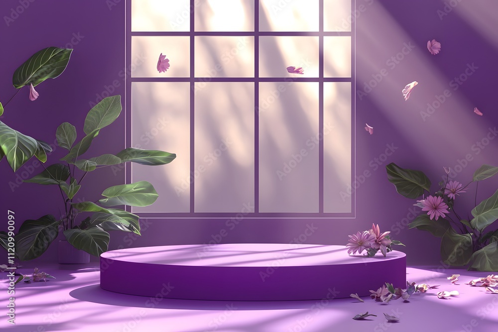 Poster a serene purple setting with plants and a circular platform, illuminated by soft light.