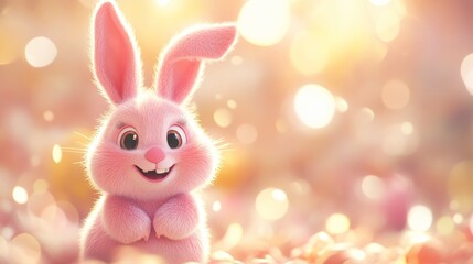 Fototapeta premium Pink bunny illustration smiling in isolated blurred background, cute pink baby pig