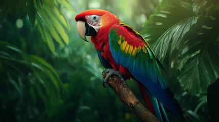 Obraz premium A vibrant parrot perched on a branch, its colorful feathers standing out against the lush greenery of the rainforest.