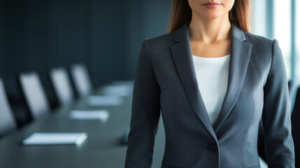 leader Woman inspiration Concept. Empowered woman in power suit at meeting table