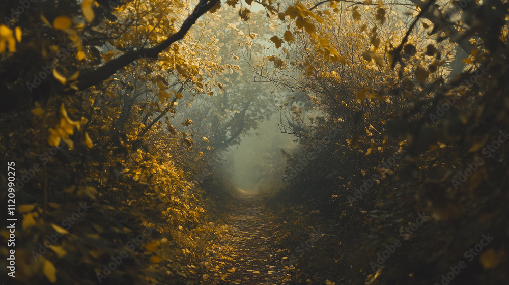 Aufkleber sunlight filtering through trees in an autumn forest path at dawn