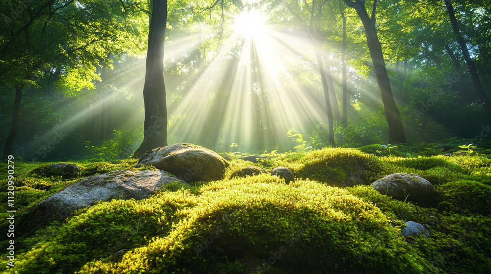 Poster sunlight filtering through trees creating a serene forest atmosphere in the morning