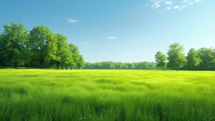 Serene Summer Meadow, Lush Green Grass, Blue Sky, and Distant Trees Photorealistic Landscape