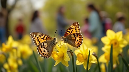 Obraz premium Two Butterflies on Daffodils in a Vibrant Spring Garden; Blurred Family Background, Detailed Wings & Skin Textures