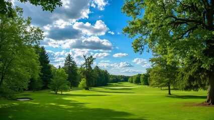 Obraz premium Serene Canadian Golf Course, Lush Trees, Blue Sky, and Fluffy Clouds