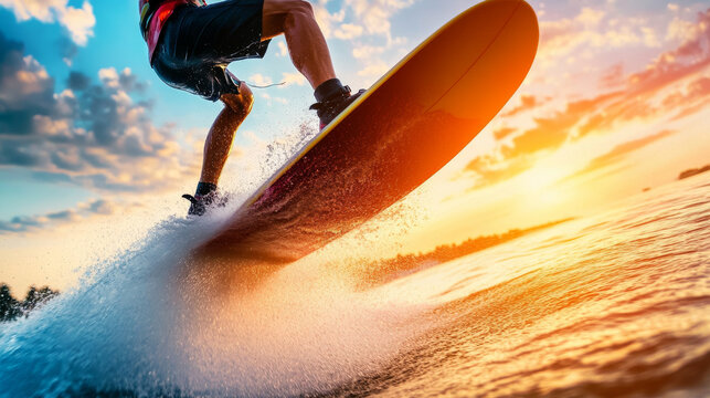 A wakeboarder being pulled across a lake by a speedboat, performing flips and tricks over the boat wake in a thrilling extreme sports scene.
