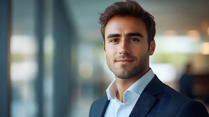 Fototapeta premium Smiling confident young businessman looking at camera standing in office. Elegant stylish corporate leader successful ceo executive manager