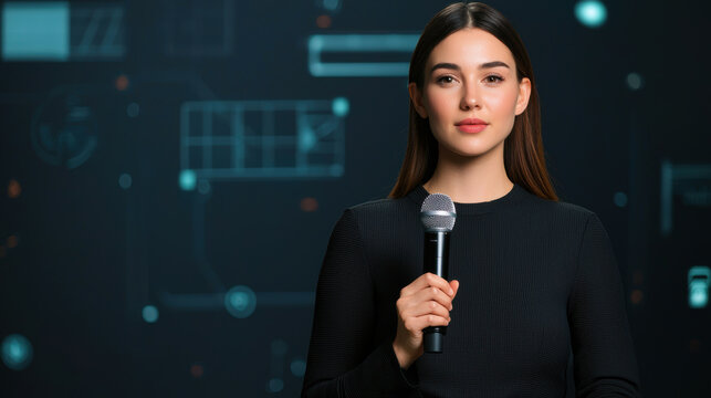 leader Woman inspiration Concept. Elegant woman holding microphone at tech summit event