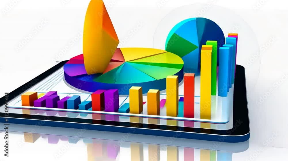 Poster colorful 3d pie chart and bar graph on tablet data analysis and statistics visualization for enhance