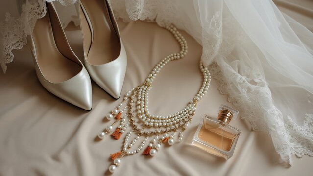 Elegant Bridal Accessories, Pearl Necklace, Lace Veil, High Heels, Perfume
