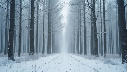 Serene Winter Wonderland, Snow-Covered Forest Path, Wide-Angle Perspective