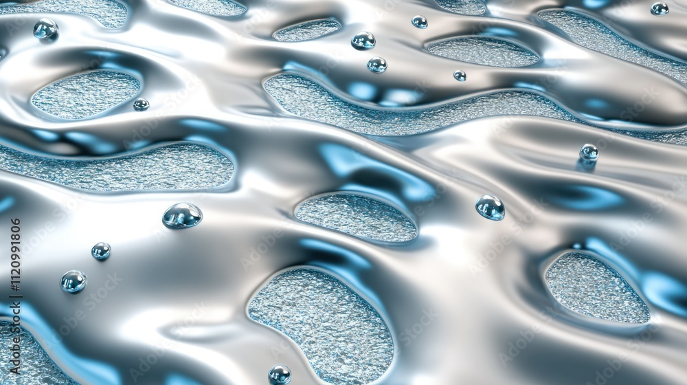 Poster A close-up of a shiny, fluid surface with droplets, creating a dynamic and reflective texture.