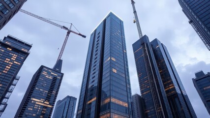Naklejka premium Futuristic skyscraper design concept evolving with time lapse construction shots, time lapse, modern