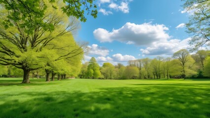 Obraz premium Serene Spring Park Landscape, Lush Green Grass, Vibrant Trees under a Sunny Sky - Wide Format Nature Background Image
