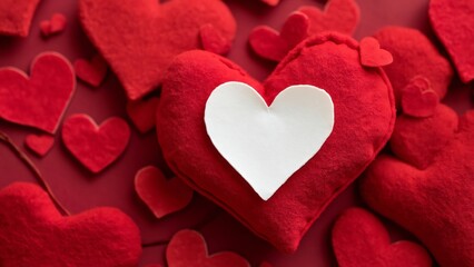 Obraz premium Valentine's Day Red Velvet Hearts, Close-up of plush red hearts with a white heart center, surrounded by smaller red felt hearts. Perfect for romantic backgrounds and Valentine's Day
