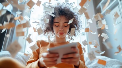 A young woman scrolling on her smartphone surrounded by floating paper notes. The scene portrays focus and creativity in a bright indoor setting