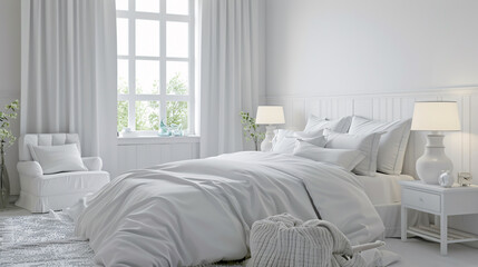 White Bedroom Interior: 3D illustration.