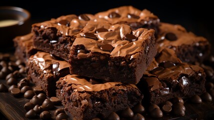 Delicious chocolate brownies with chocolate chips on a wooden board.