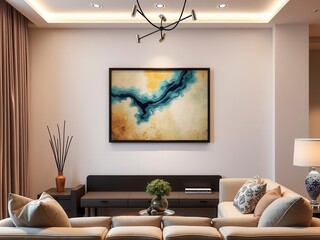 Grey and mint lamps above pouf and corner sofa with pillows in blue interior with posters on the wall, spacious, relaxation