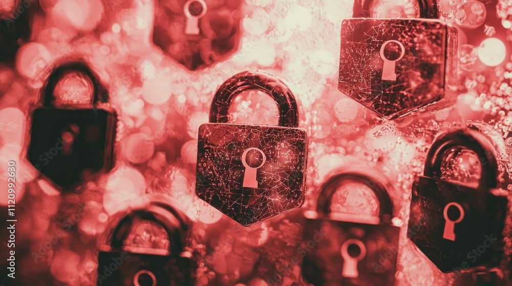 Poster a collection of red padlocks with keyholes, symbolizing security and protection.