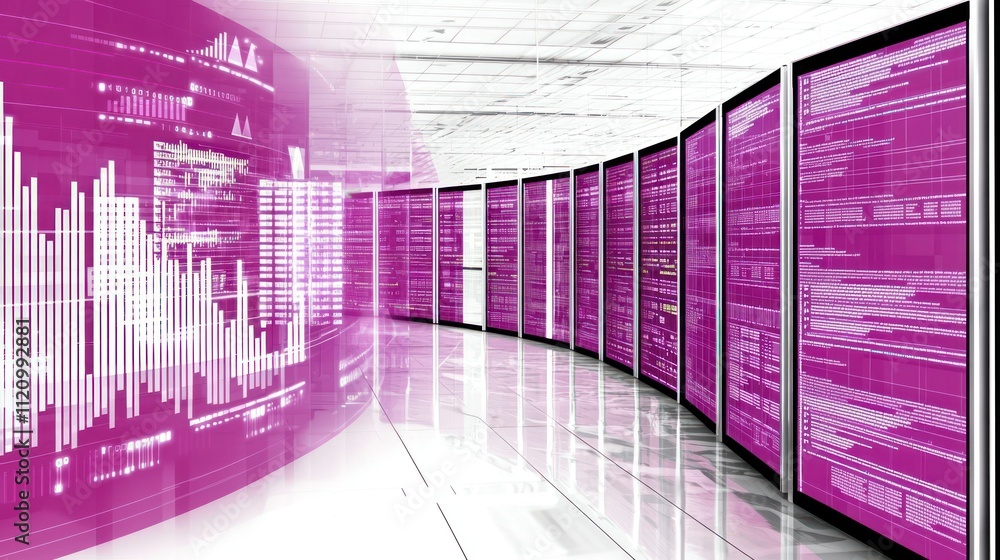 Aufkleber futuristic data center with digital displays and vibrant visual elements.