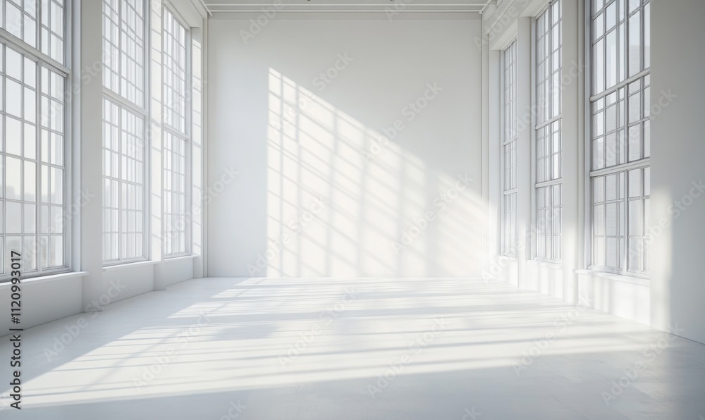 Poster light abstract streaming through a window, creating shadows in an empty industrial space with concre