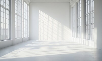 Light abstract streaming through a window, creating shadows in an empty industrial space with concrete floor background