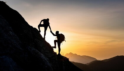 silhouette of a couple on a mountain top