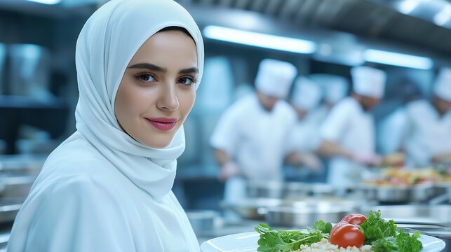 Female chef in a white hijab preparing dinner in a restaurant with a team of cooks in the kitchen