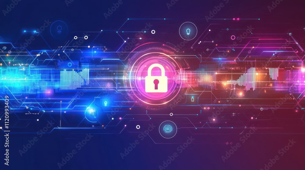 Poster digital lock symbolizing cybersecurity with vibrant technological background.