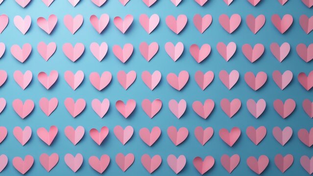 Fototapeta Elegant Pink Paper Hearts Pattern on Blue Background, Romantic, Festive Wallpaper Design