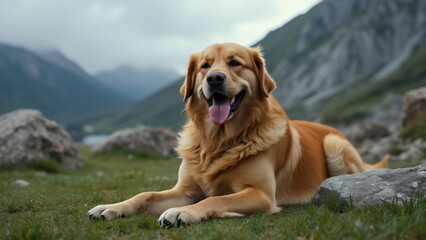Happy Golden Retriever Dog in Mountain Landscape - Cinematic Grassy Scene