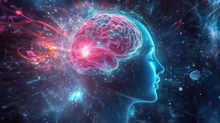 a woman's head with a brain exploding out of it