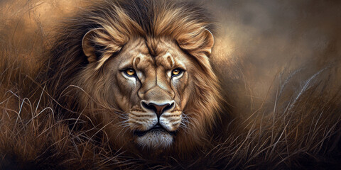 A stunning, hyper-realistic portrayal of a lion's face, capturing its fierce gaze and regal mane, set against a soft, earthy background.