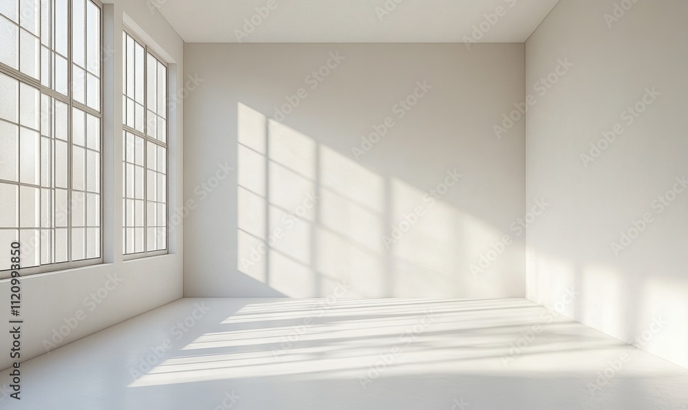 Poster light abstract streaming through a window, creating shadows in an empty industrial space with concre