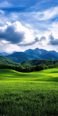 Obraz premium A breathtaking view of rolling green hills set against majestic mountains under a vibrant blue sky, showcasing the beauty of nature and a peaceful outdoor atmosphere.