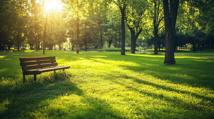 Serene park bench under golden sunlight on a tranquil afternoon