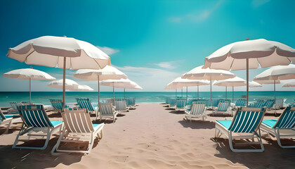 Abstract Surreal Beach chairs and white umbrellas on digital art concept, Generative AI.
