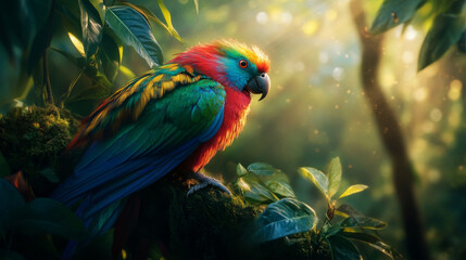 An exotic bird with vibrant plumage, perched in a tropical rainforest, surrounded by lush greenery and sunlight filtering through the trees.