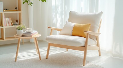 A cozy corner with a white armchair on a round rug, a small wooden table with a books and a plant. Personal comfort space and your place in the apartment