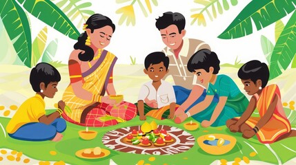 Fototapeta premium Joyful family celebrating harvest festival with traditional rituals in vibrant outdoor setting.