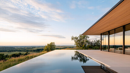 A modern wellness retreat with an infinity pool overlooking serene landscapes, promoting relaxation and tranquility.

